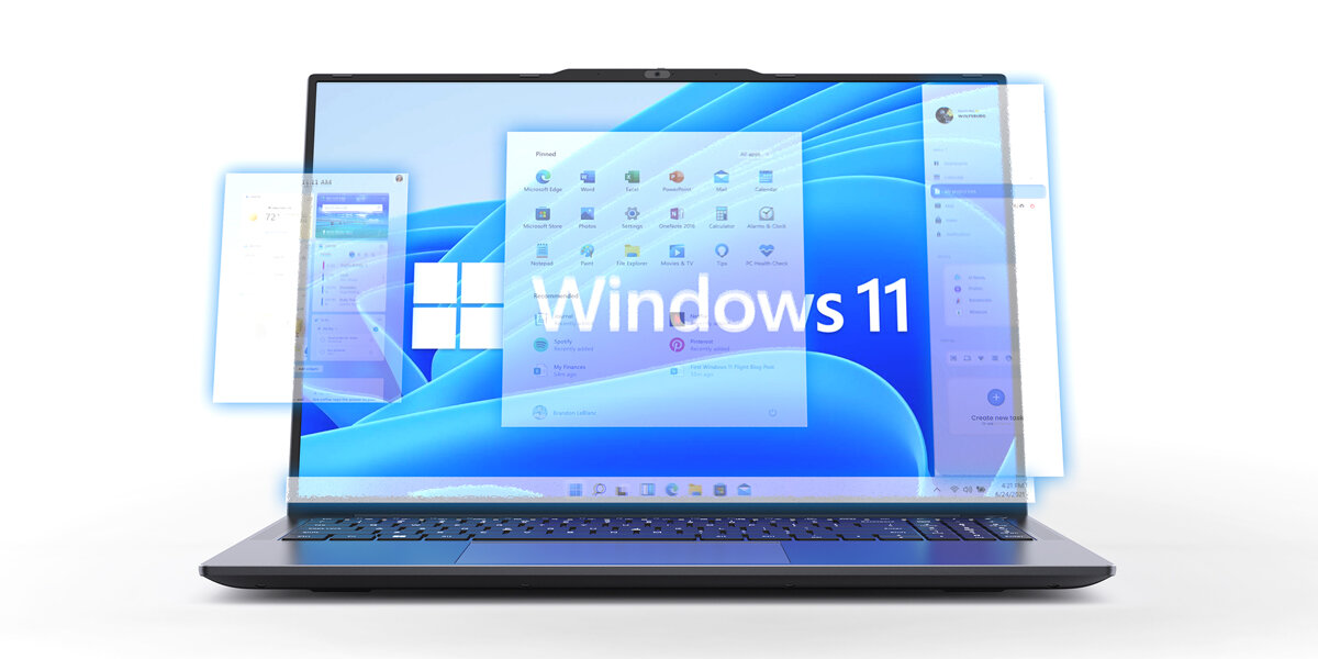 Laptop z wyświetlaczem pokazującym interfejs systemu Windows 11. Na ekranie widoczne są ikony aplikacji i pasek zadań.