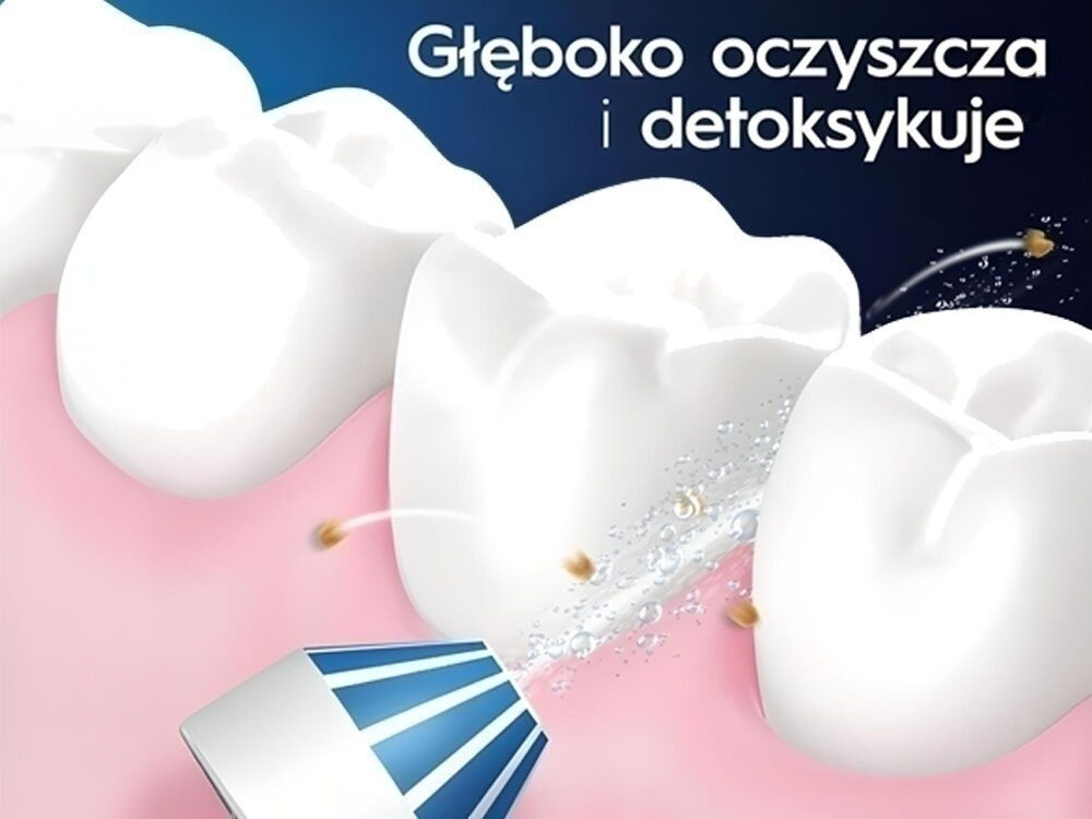 Irygator ORAL-B Oral Health Center niebieskie tło dziąsło zęby wypłukiwanie zanieczyszczeń strumień wody skuteczne oczyszczanie jamy ustnej dbanie o zdrowie dziąseł delikatny masaż poprawa ukrwienia wzmocnienie kondycji zmniejszone ryzyko krwawienia i podrażnień dla osób z wrażliwymi dziąsłami uzupełnienie codziennej higieny jamy ustnej ochrona komfort użytkowania 