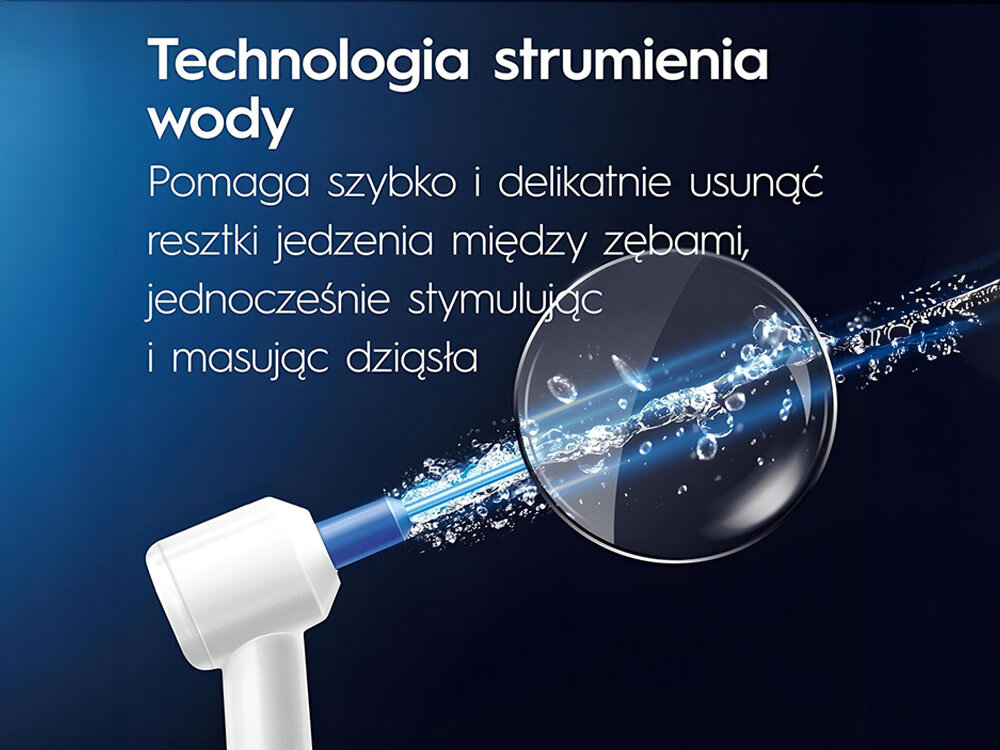 Irygator ORAL-B Oral Health Center niebieskie niebieskie tło końcówka strumień wody bąbelki wspomaga codzienną higienę jamy ustnej technologia OxyJet oczyszczanie przestrzeni międzyzębowych i linii dziąseł regulowana intensywność ciśnienia dostosowanie działania maksymalna skuteczność delikatność dla dziąseł uzupełnienie tradycyjnego szczotkowania optymalna kondycja jamy ustnej zdrowie zębów i dziąseł 