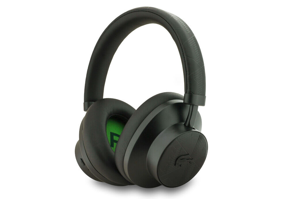 Słuchawki nauszne LACOSTE Monogramme LH02 ANC - Hybrid ANC Bluetooth czarne, słuchawki po skosie na białym tle