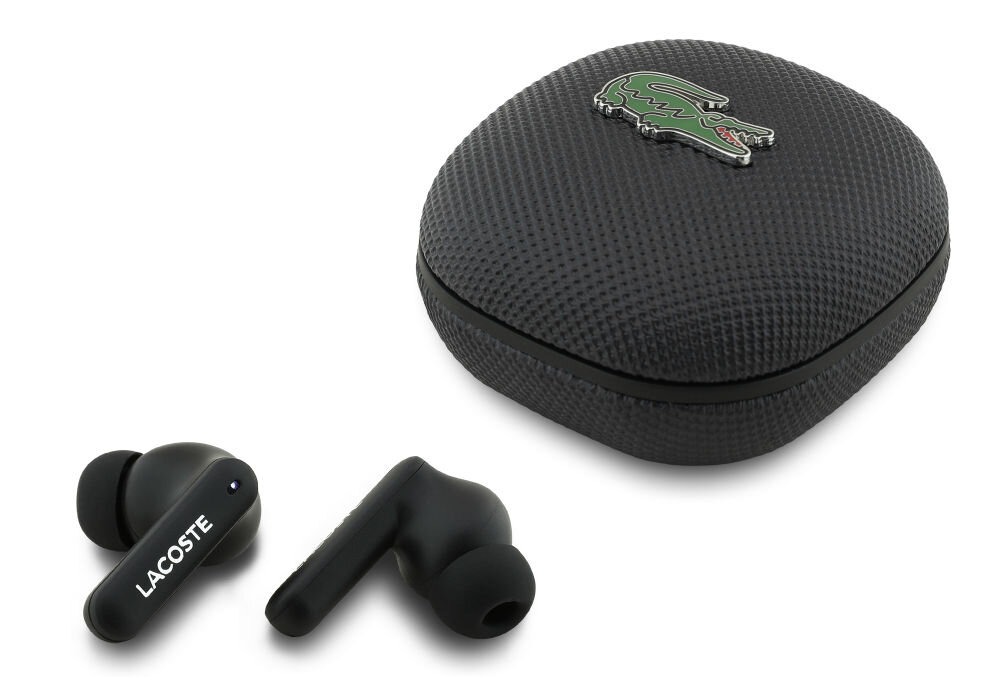 Słuchawki dokanałowe LACOSTE Iconic Petit Pique, Bluetooth, czarne, słuchawki dokanałowe z etui ładującym na białym tle