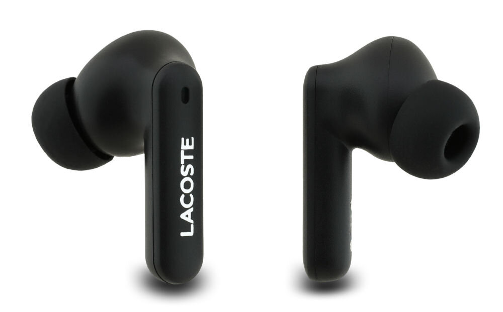 Słuchawki dokanałowe LACOSTE Iconic Petit Pique, design, Meshed PVC, metalowe logo, słuchawki dokanałowe na białym tle 
