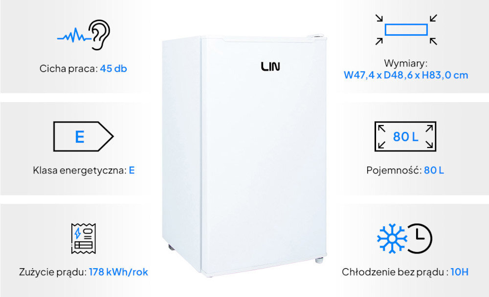 ZAMRAŻARKA LIN LI-BD-80 BIAŁA stosunkowo cicha praca poziom głośności 45 dB klasa energetyczna E oszczędność energii roczne zużycie energii 178 kWh oszczędne urządzenie przyjazne dla środowiska