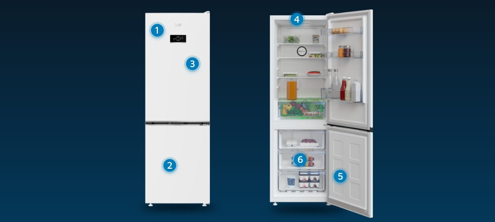 LODÓWKA BEKO B3RCNA344HW wizualizacja wnętrze wyposażenie punkty cechy Wyświetlacz elektroniczny Minimalistyczny design test wytrzymałościowy Oświetlenie LED Alarm dźwiękowy szuflady mrożenia półka na butelki