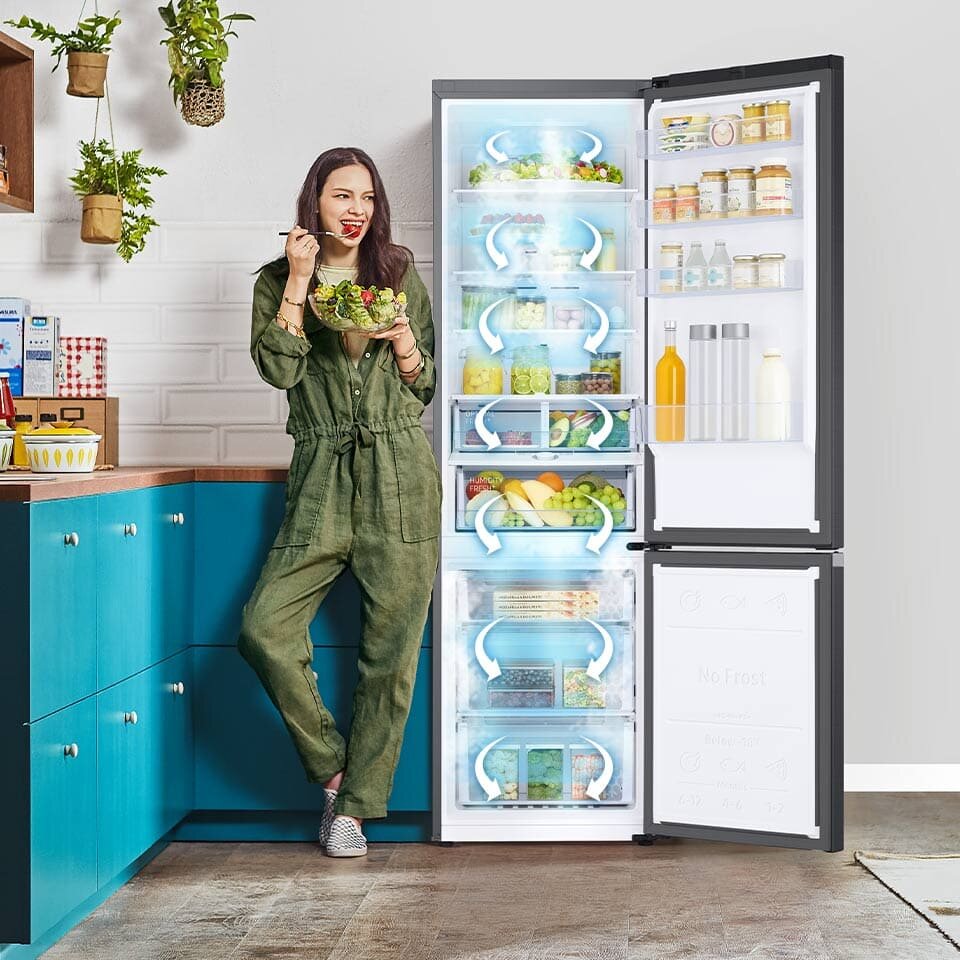 System All-Around Cooling rozprowadza zimne powietrze po całym wnętrzu lodówki System All-Around Cooling rozprowadza zimne powietrze po całym wnętrzu lodówki