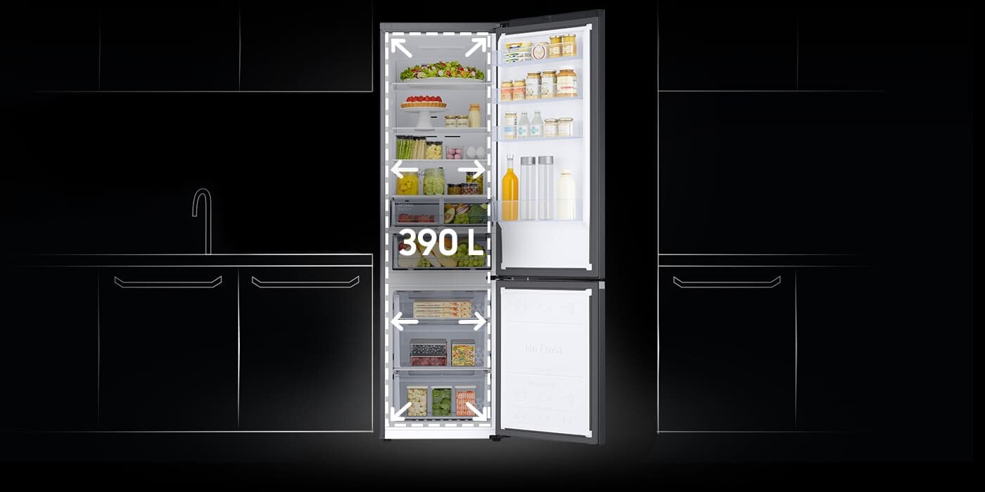 Na infografice zobaczysz, że lodówka Samsung RB38C603DB1 posiada 390 litrów pojemności Na infografice zobaczysz, że lodówka Samsung RB38C603DB1 posiada 390 litrów pojemności