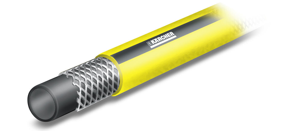 Wąż ogrodowy KARCHER PrimoFlex 5/8 50 m 2.645-141.0, prowadzenie, skręcanie, poprawianie, na białym tle wąż karcher z wizualizacją konstrukcji warstwa po warstwie