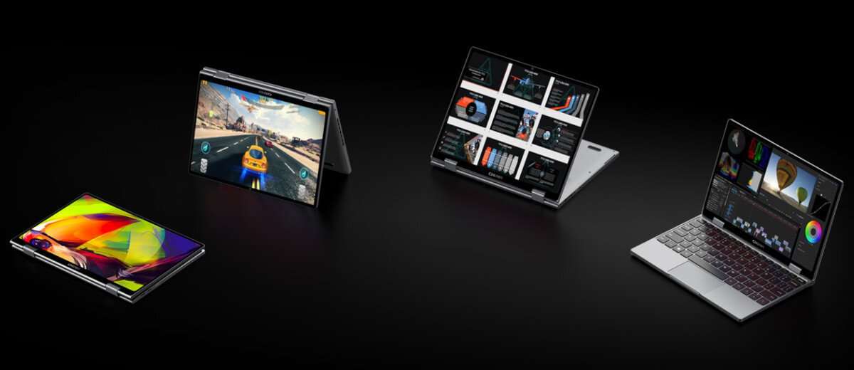 Na czarnym tle widoczne są trzy laptopy w różnych pozycjach: jeden z kolorowym ekranem, drugi z wyświetloną grą wyścigową, a trzeci z aplikacjami do edycji wideo i grafiki.