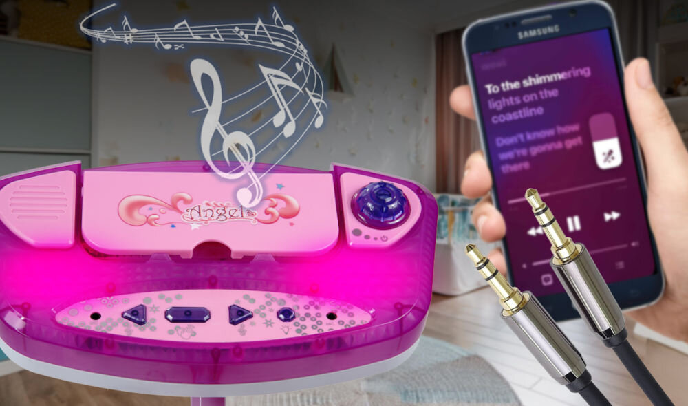 Power audio MUSICMATE MM-SC20-BL SingStar panel sterujący z wieloma przyciskami odtwarzanie piosenek pauzowanie zmiana melodii pokrętło do regulacji głośności możliwość podłączenia smartfona nośnika mp3 wbudowane efekty