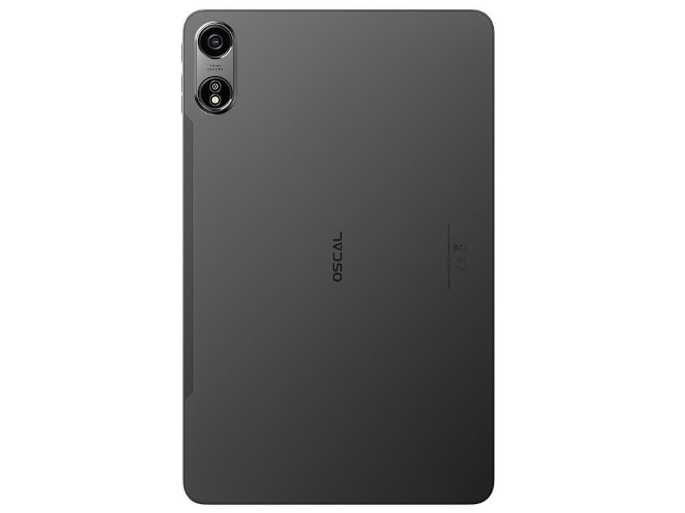 Tablet OSCAL Pad 100 12 cali 8/256 GB LTE Wi-Fi Szary prezentacja urządzenia od tyłu na białym tle ośmiordzeniowy procesor UMS9230E T615 grafika Mali-G57 8 GB pamięci RAM typu DDR4X z opcją rozszerzenia do 24 GB płynne działanie aplikacji