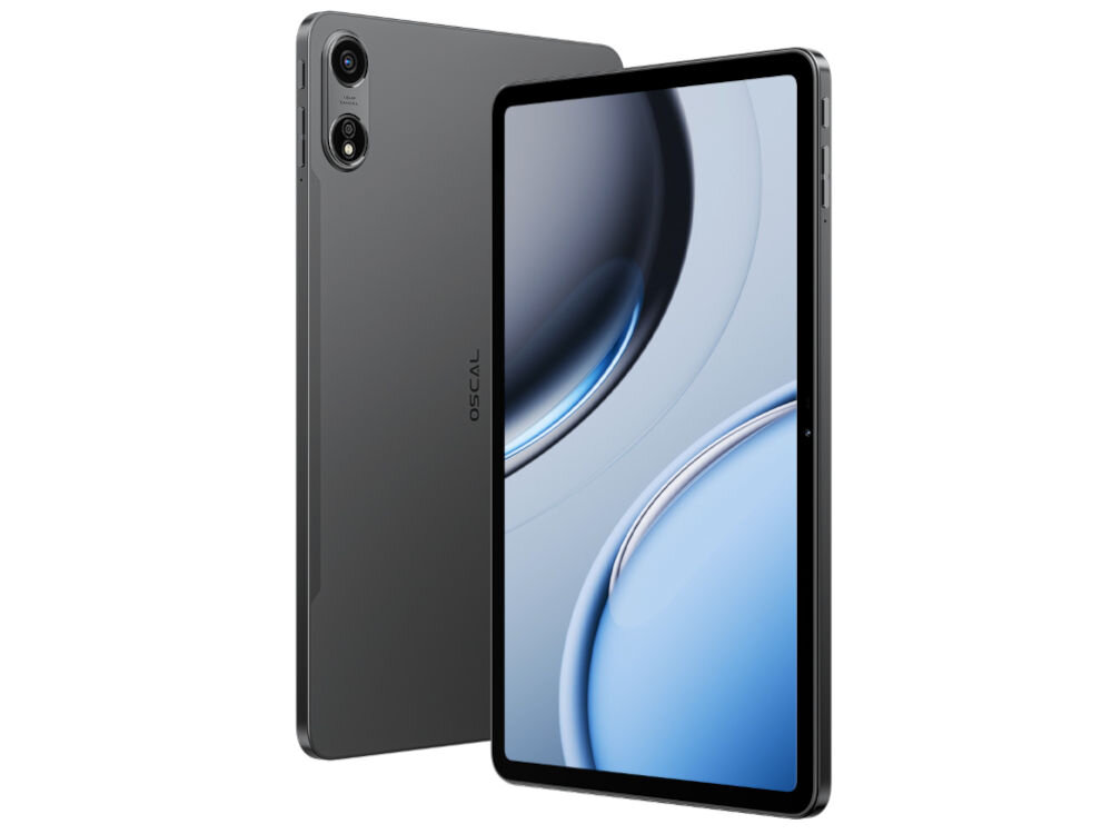 Tablet OSCAL Pad 100 12 cali 8/256 GB LTE Wi-Fi Szary prezentacja urządzenia na białym tle od frontu i tyłu pod kątem waga 610 g grubość 8 mm podróż praca dom