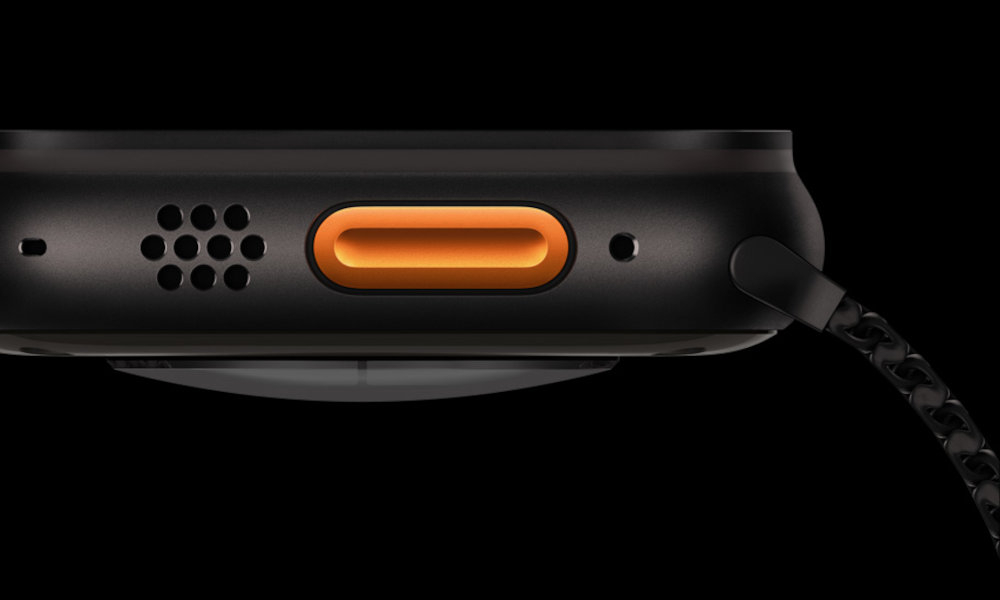 Apple Watch Ultra 3 Jednym szybkim naciśnięciem Programowalny przycisk akcji włączenie latarki oznaczanie segmentów rozpoczęcia treningu - przycisk szybkiej akcji