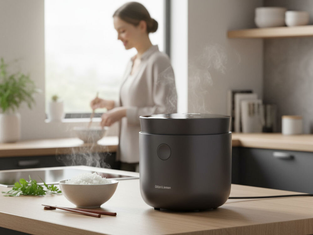Ryżowar GÖTZE & JENSEN RC500K Elegancki, ciemny ryżowar GÖTZE & JENSEN gotuje ryż w nowoczesnej kuchni. Obok na blacie miseczka ugotowanego ryżu i pałeczki. W tle kobieta gotująca przy kuchence.