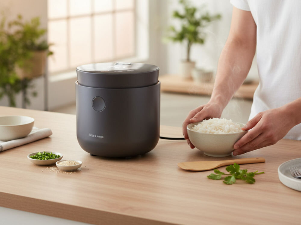 Ryżowar GÖTZE & JENSEN RC500K Mężczyzna trzyma w dłoniach miseczkę świeżo ugotowanego ryżu obok ryżowaru GÖTZE & JENSEN. Na blacie widoczne dodatki: szczypiorek i sezam.