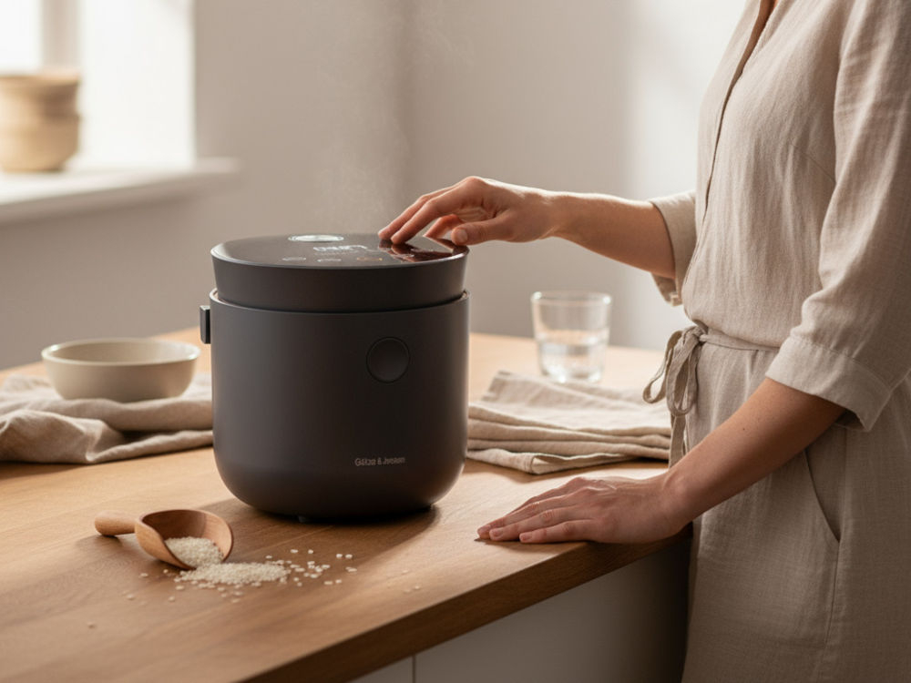 Ryżowar GÖTZE & JENSEN RC500K Kobieta w jasnym stroju dotyka panelu sterowania ryżowaru GÖTZE & JENSEN stojącego na blacie. Obok rozsypane ziarenka ryżu i drewniana miarka.