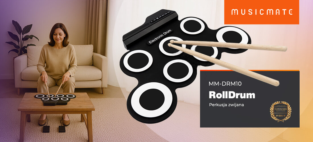 Perkusja elektroniczna MUSICMATE MM-DRM10 ROLLDRUM - Perkusja do ćwiczeń w domu, osoba grająca na perkusji leżącej na stoliku