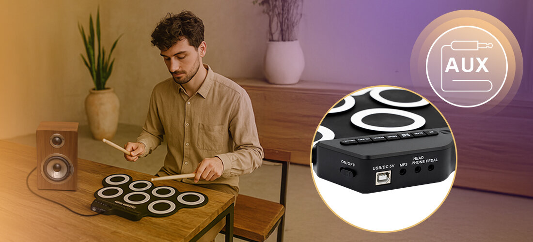 Perkusja elektroniczna MUSICMATE MM-DRM10 ROLLDRUM - Pełna perkusja pod ręką, osoba grająca na perkusji leżącej na stoliku