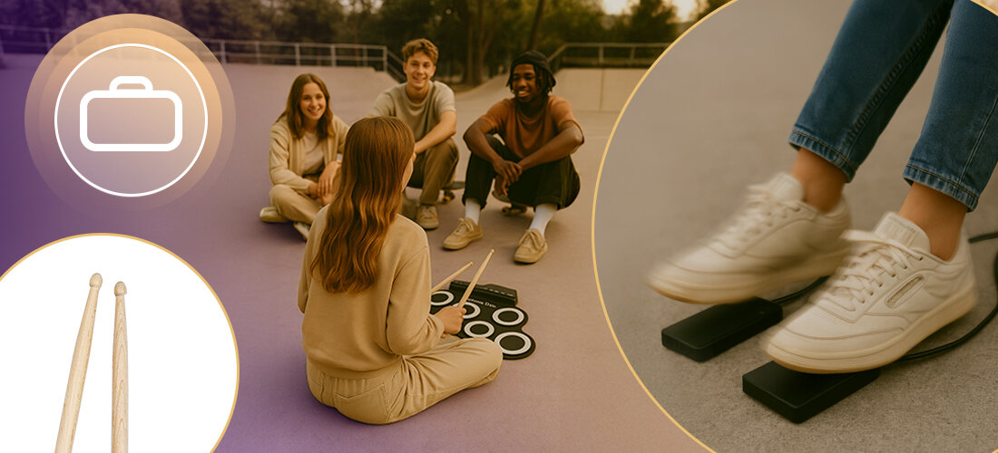 Perkusja elektroniczna MUSICMATE MM-DRM10 ROLLDRUM - Gra w wersji kompakt, osoba grająca na perkusji na ziemi