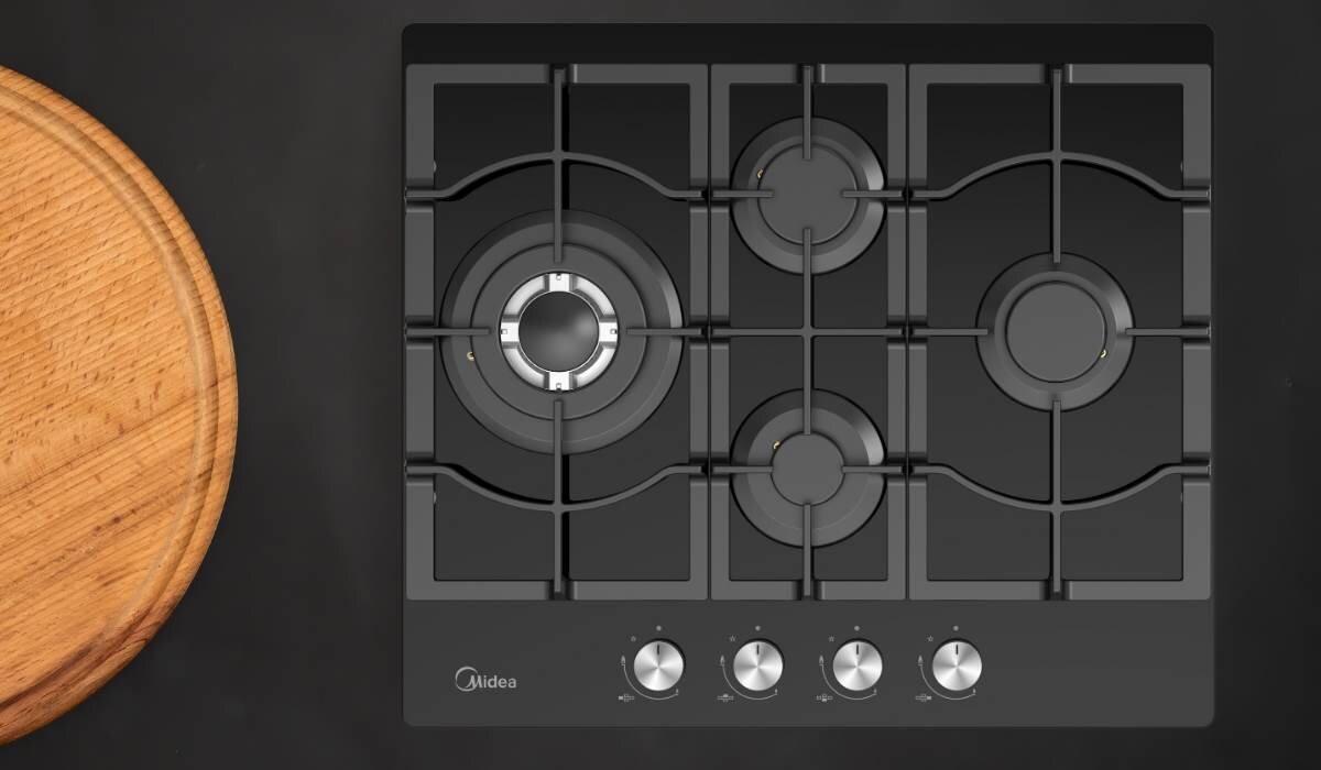Płyta gazowa MIDEA MG60GM097AH2B elegancki wygląd czarna powierzchnia szklana szkło hartowane łatwe czyszczenie Wszechstronne palniki palnik WOK palnik pomocniczy dostosowanie intensywności Bezpieczeństwo użytkowania zapalarka pokrętło Flame Failure Device