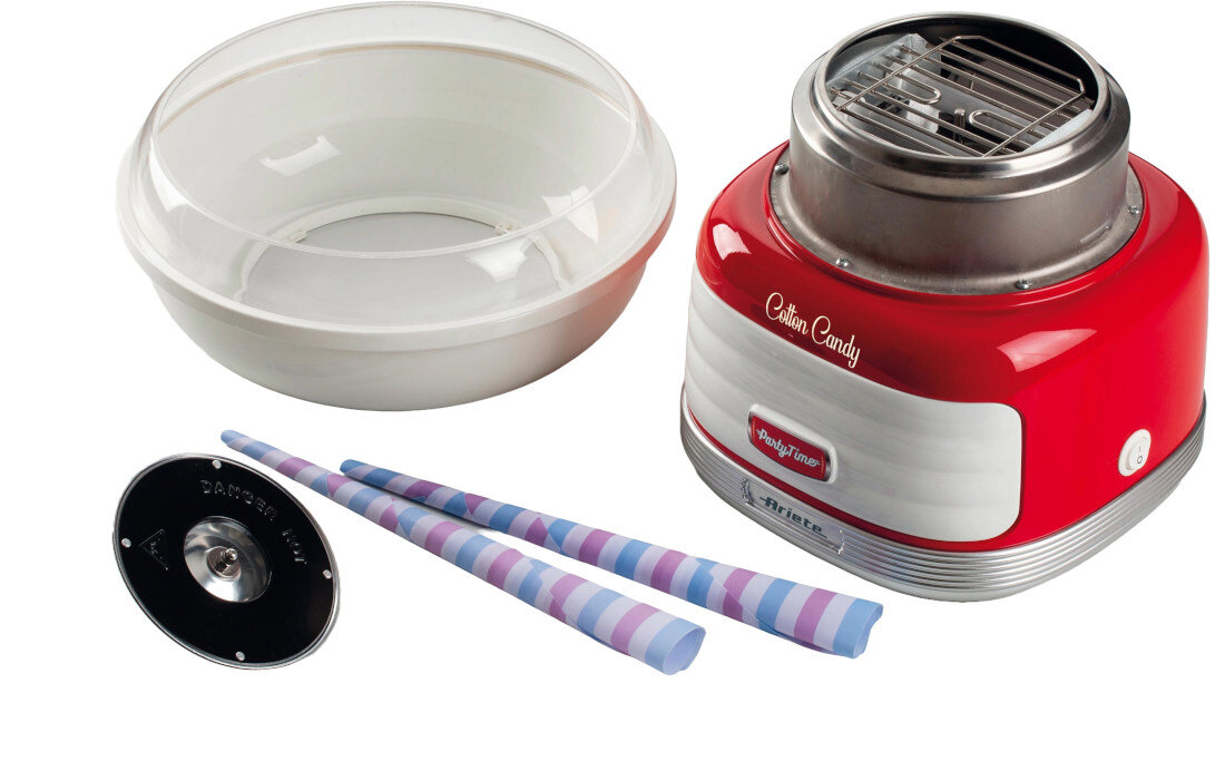 Maszyna do waty cukrowej ARIETE Cotton Candy 2973/00 Party Time miarka cztery kolorowe rożki wata cukrowa słodkie przysmaki