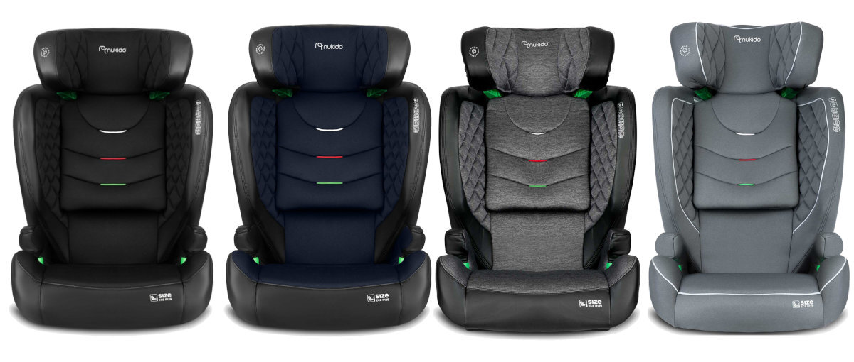 NUKIDO Louis i-Size czterech wariantach kolorystycznych: czarnym, szarym, czarno-szarym oraz czarno-granatowym - cztery wersje kolorystyczne na białym tle