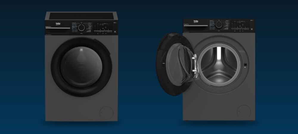 PRALKO-SUSZARKA BEKO bPRO500 BM5DFT6844MSDC 7.jpg przedstawia dwie szare pralko‑suszarki Beko ustawione obok siebie na granatowym tle. Po lewej stronie urządzenie widoczne jest z zamkniętymi drzwiami, a po prawej z szeroko otwartymi, ukazującymi wnętrze bębna drzwi XL łatwy załadunek wyświetlacz cyfrowy kontrola programów pojemność 8 kg pranie 5 kg suszenie AquaWave® delikatne pranie skuteczne suszenie ochrona tkanin