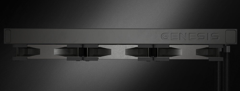 Chłodzenie wodne GENESIS Hydria 360 ARGB Widok z góry na radiator chłodzenia cieczą z dwoma wentylatorami oraz tłoczonym napisem 'Genesis' na boku obudowy radiatora, wygląd, matowe wykończenie, tłoczone logo