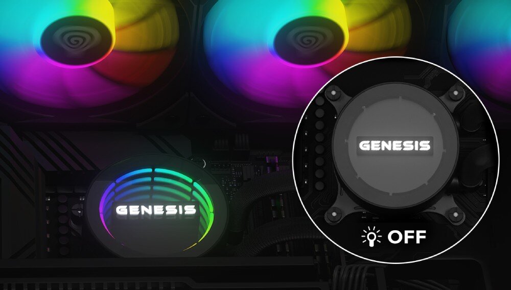 Chłodzenie wodne GENESIS Hydria 360 ARGB Pompka chłodzenia z podświetleniem RGB po lewej stronie i jej ciemniejsza wersja z wyłączonym podświetleniem w okrągłym zbliżeniu po prawej stronie, pompa, efektywność, działanie