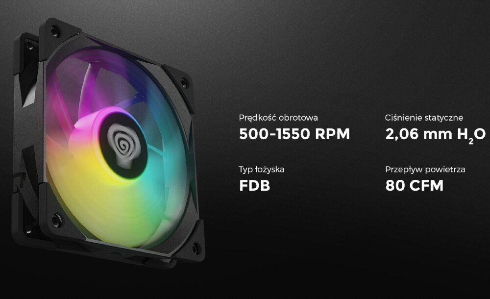 Chłodzenie wodne GENESIS Hydria 360 ARGB Wentylator chłodzący z informacjami technicznymi po prawej stronie, takimi jak prędkość obrotowa, ciśnienie statyczne, typ łożyska i przepływ powietrza, wentylatory, łożyska, przepływ powietrza