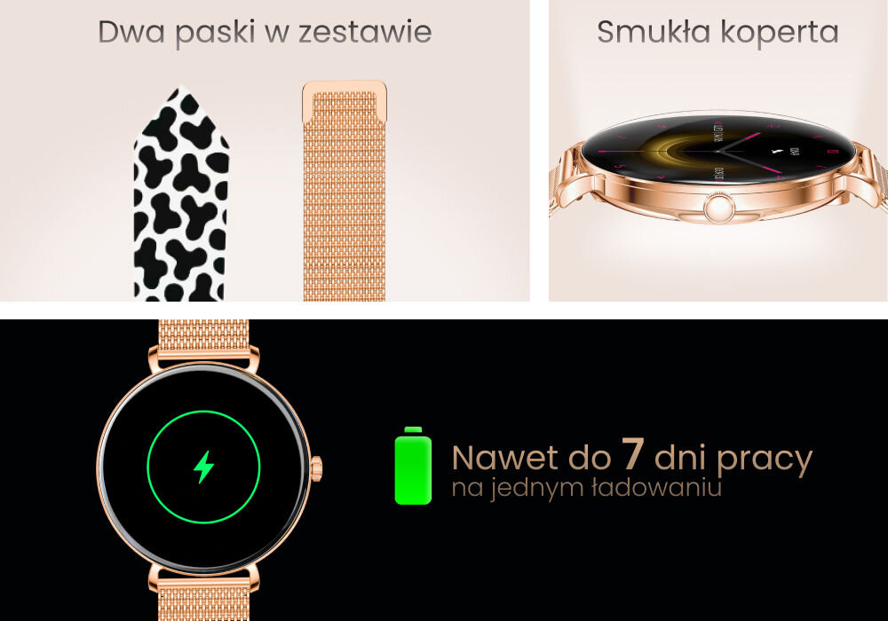 Smartwatch FOREVER SB-370 Lucca Różowe złoto + Pasek łaciaty Kolaż informacyjny o smartwatchu. U góry widok dwóch pasków do zegarka (Dwa paski w zestawie: mesh i w łaty) oraz zbliżenie boku zegarka (Smukła koperta). Na dole wizualizacja baterii z informacją: Nawet do 7 dni pracy na jednym ładowaniu