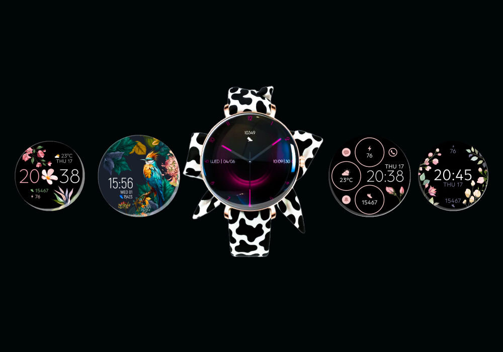 Smartwatch FOREVER SB-370 Lucca Różowe złoto + Pasek łaciaty Smartwatch z paskiem w łaty w centrum, otoczony pięcioma różnymi cyfrowymi tarczami zegarka (watch face'ami) w stylu kwiatowym, egzotycznym i cyfrowym, prezentując opcje personalizacji