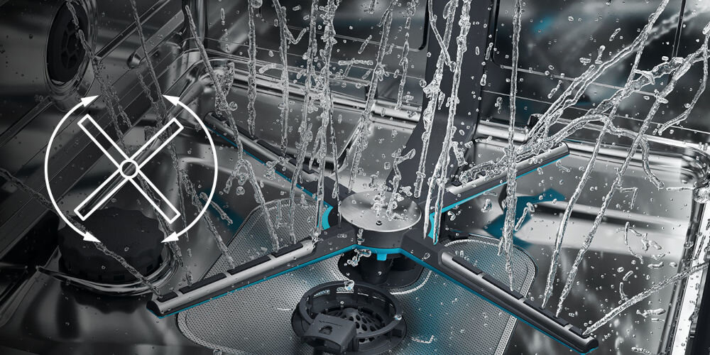 Zmywarka HAIER XYNERGY XS 63A4M4B Ramię X-spray Pompa ciepła A-30% TimeLight Prowadnice teleskopowe zblizenie na ramiona sprskujące duży zasięg ramię w kształcie x