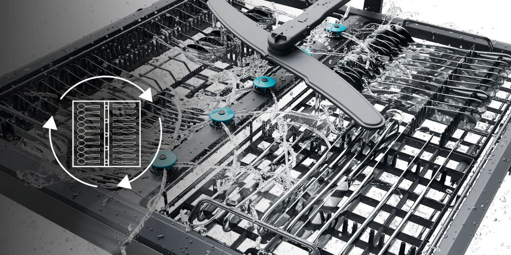 Zmywarka HAIER XYNERGY XS 63A4M4B Ramię X-spray Pompa ciepła A-30% TimeLight Prowadnice teleskopowe zblizenie na szyfladę na sztućce 5 obrotowych dysz ramię natryskowe