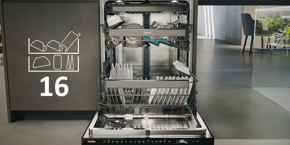 Zmywarka HAIER XYNERGY XS 63A4M4B Ramię X-spray Pompa ciepła A-30% TimeLight Prowadnice teleskopowe otwarta pełna zmywarka napis 16 pojemność do 16 kompletów naczyć 