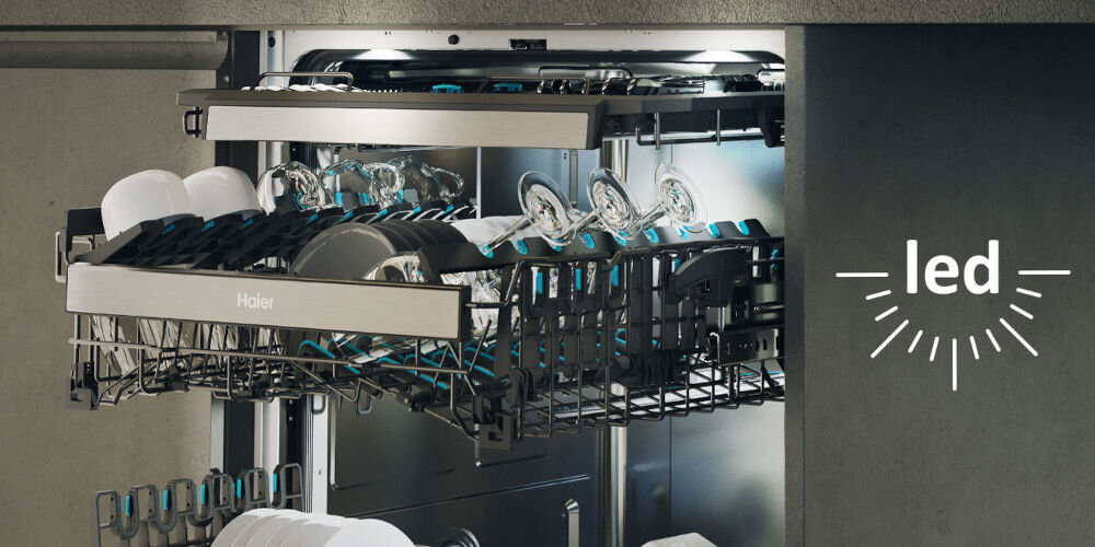 Zmywarka HAIER XYNERGY XS 63A4M4B Ramię X-spray Pompa ciepła A-30% TimeLight Prowadnice teleskopowe aktywne oświetlenie w zmywarce jasne oświetlenie Energooszczędne oświetlenie LED