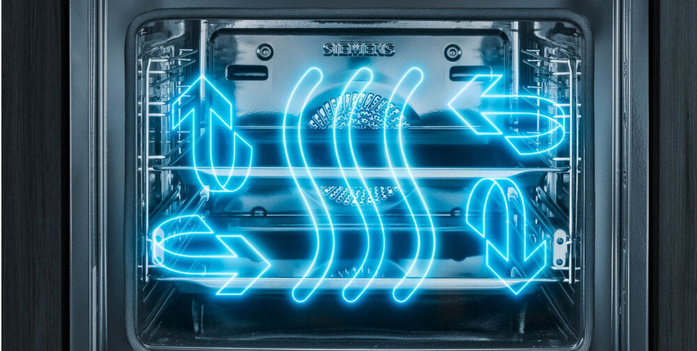 PIEKARNIK SIEMENS HB676GBS1 wizualizacja wnętrze strzałki ikona Termoobieg 4D pieczenie na kilku poziomach równomiernie bez mieszania zapachów