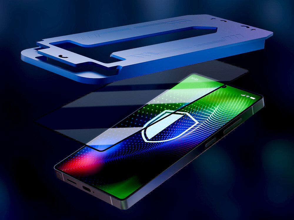 Szkło hartowane 3MK Hardy Ultra Glass do Apple iPhone 17 Pro Max wizualizacja nakładania szkła na telefon z aplikatorem