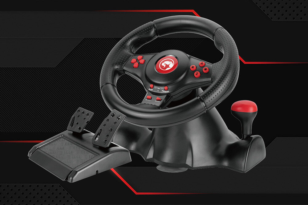 MARVO GT-903 Onaga 30 System pedałów plug-and-play sprężynowy pedał gazu i hamulca Dźwignia zmiany biegów powrotu sprężynowego - kierownica i pedały na ciemnym tle