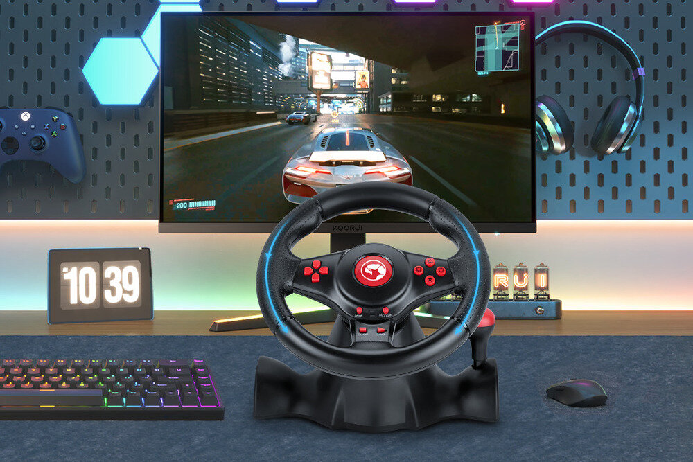 MARVO GT-903 Onaga 30 narzędzia precyzyjnemu sterowaniu, konfigurowalnym ustawieniom sprzężeniu zwrotnemu - kierownica na tle ekranu z grą