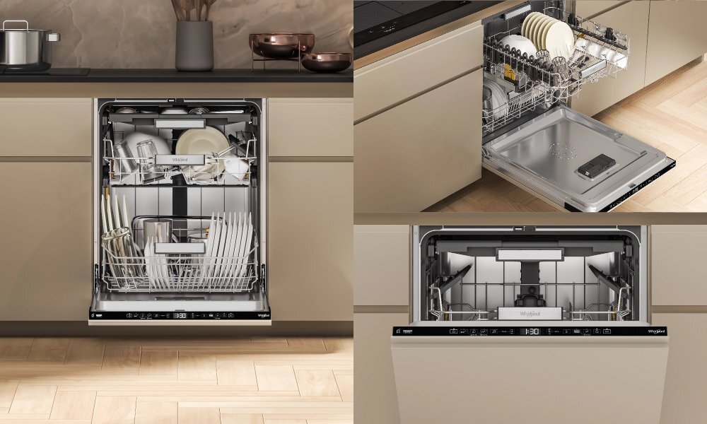 ZMYWARKA WHIRLPOOL W7I HT58 T wizualizacja zmywarka zbliżenie otwarta wnętrze budowa kosze wygląd estetyka elegancki design solidne wykonanie konstrukcja budowa Wykończenie stal nierdzewna