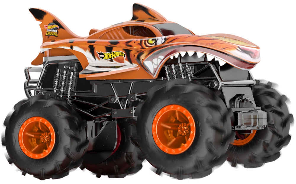 Samochód zdalnie sterowany Hot Wheels Tiger Shark HNV03 Duży, zdalnie sterowany samochód-zabawka typu monster truck marki Hot Wheels, w kolorze pomarańczowym i czarnym, z grafiką imitującą pysk tygrysa lub rekina (Monster Shark). Ma cztery ogromne czarne opony z pomarańczowymi felgami. Tło jest białe.