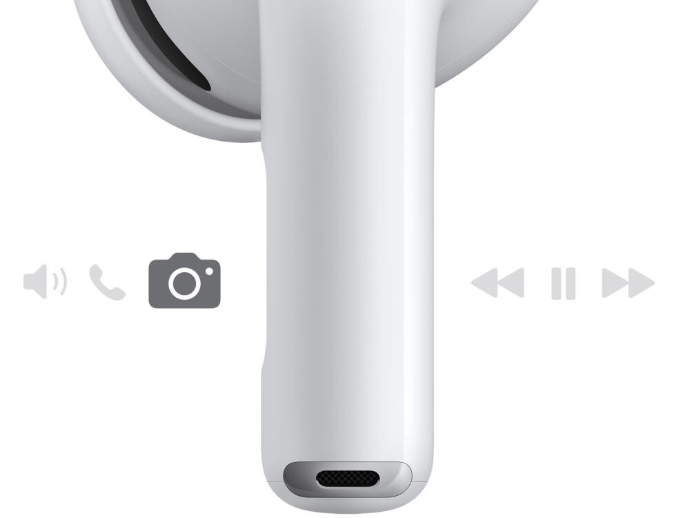 Słuchawki dokanałowe APPLE AirPods Pro 3 ANC Biały proste sterowanie dotykowe sterowanie prosta konfiguracja automatyczne przełaczenie udostępnianie - słuchawka na środku obok wizualizacja opcji sterowania