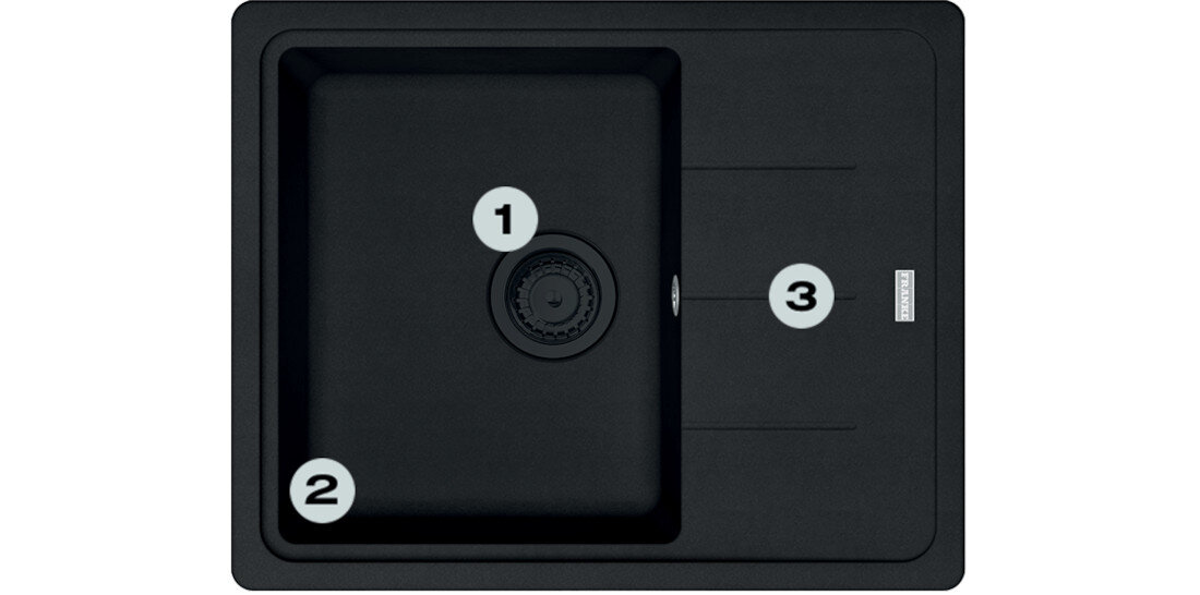 Zlewozmywak FRANKE Basis BFG 611-62 114.0693.558 Czarny mat  Postaw na komfort w kuchni  zlewozmywak z góry z widocznymi numerami 1 na montażu młynka  2 na gamie kolorystycznej  3 na dwóch głębokich komorach