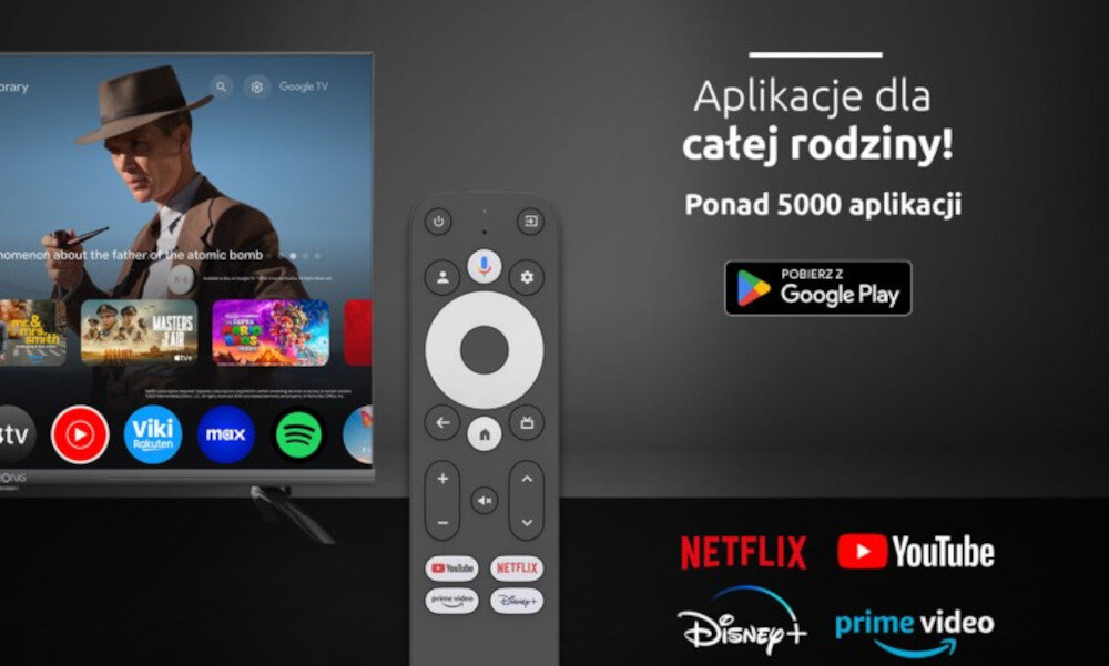 Odtwarzacz multimedialny 4K STRONG LEAP-S3PRO - System Android na pokładzie, pilot na tle telewizora
