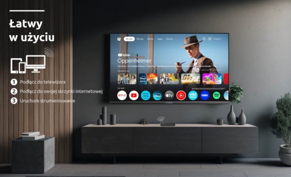 Odtwarzacz multimedialny 4K STRONG LEAP-S3PRO - Pamięć wewnętrzna 32 GB, telewizor zawieszony w salonie