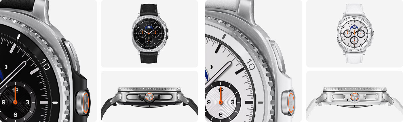 Trzy różne widoki Galaxy Watch8 Classic w kolorze czarnym i białym. Częściowy widok Galaxy Watch8 Classic w zbliżeniu. Pełny widok z przodu Galaxy Watch8 Classic. Widok z boku Galaxy Watch8 Classic, podkreślający obrotowy pierścień.