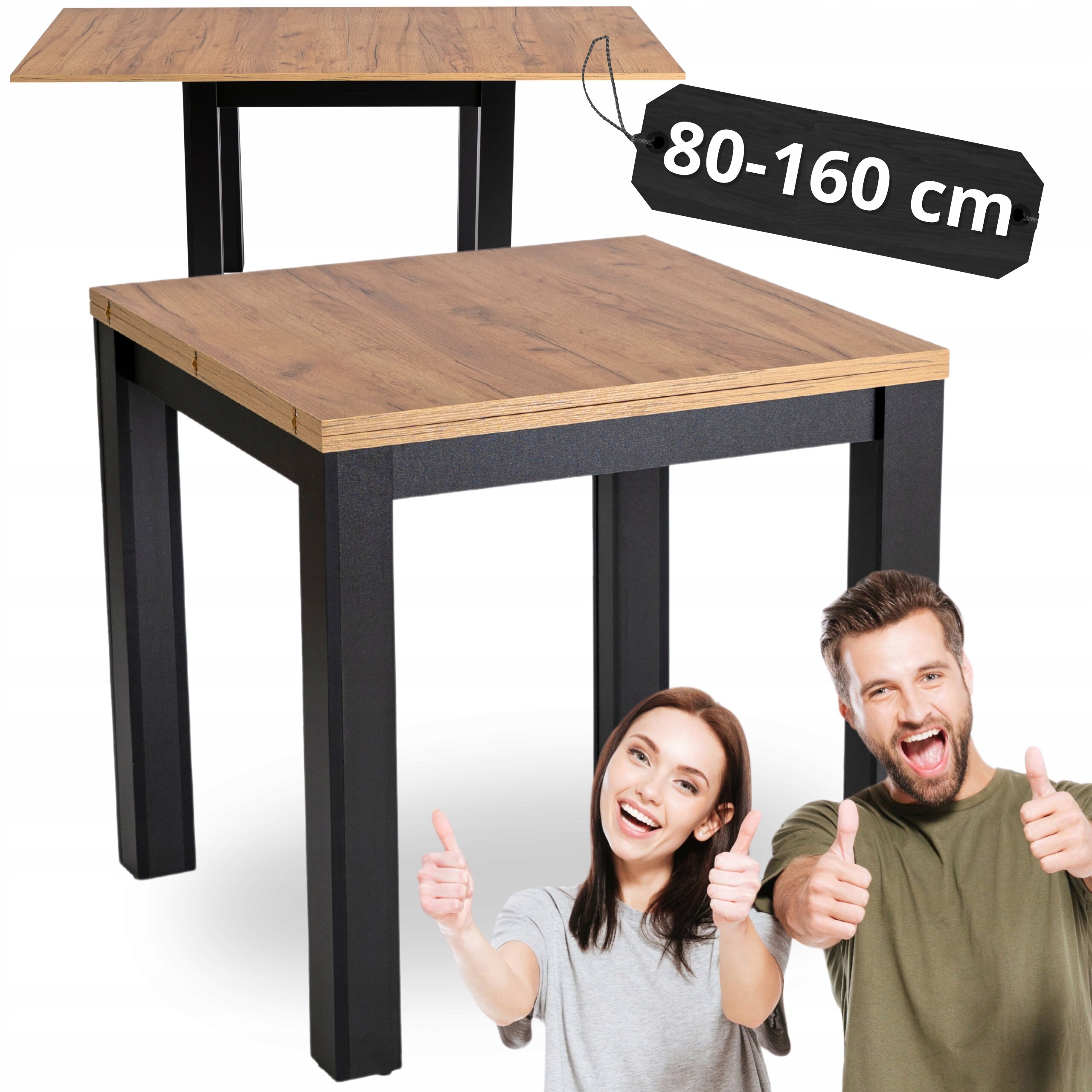 Obraz przedstawia rozkładany stół o drewnianym blacie i czarnych nogach, z oznaczeniem \'80-160 cm\'. Na dole widoczne są dwie osoby pokazujące gest aprobaty.