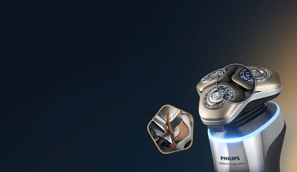 Głowice golarki. W wybranych miejscach przekrój ostrzy w powiększeniu. Obok małe zdjęcie ostrza tnącego włos.