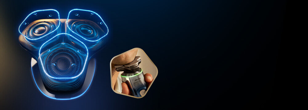 Głowice golarki z niebieskimi świetlnymi pięciokątami i strzałkami skierowanymi do wewnątrz. Obok małe zdjęcie golarki z głowicami przy twarzy i zielonym ringiem.