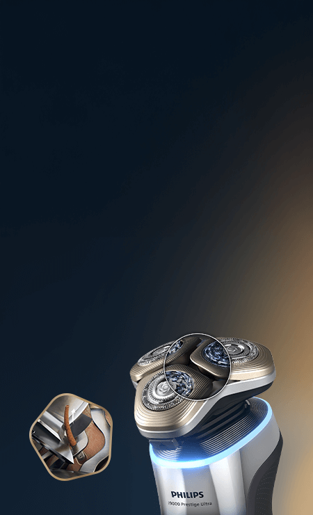 Głowice golarki. W wybranych miejscach przekrój ostrzy w powiększeniu. Obok małe zdjęcie ostrza tnącego włos.